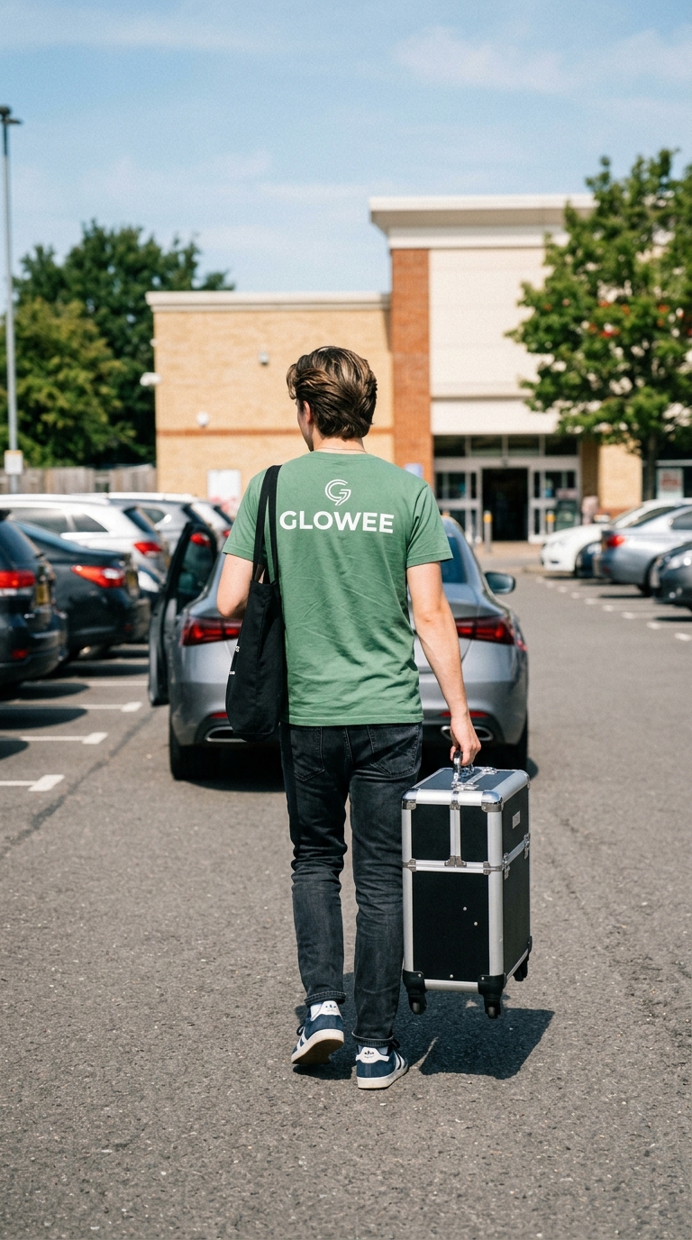 Un professionista Glowee arriva a casa con la sua attrezzatura