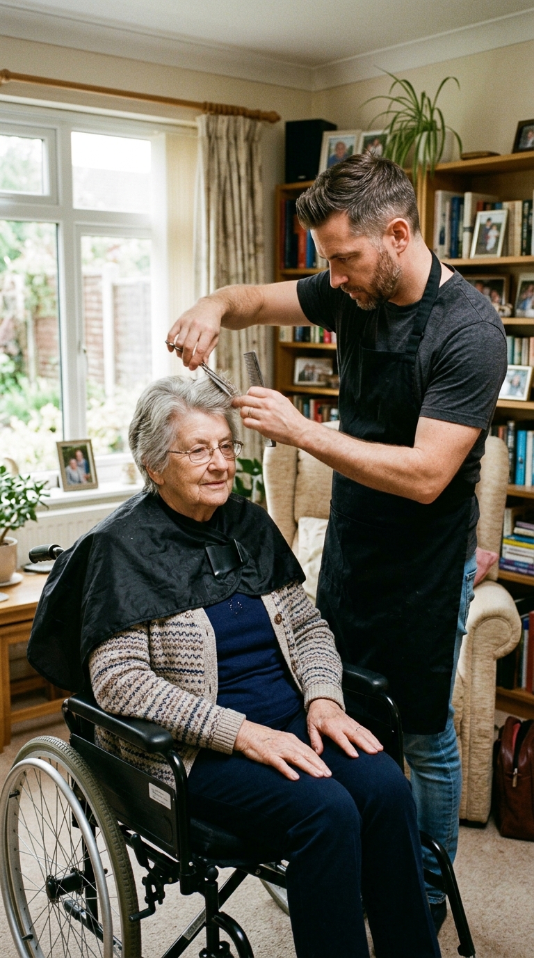 Un signore riceve un taglio di capelli a domicilio
